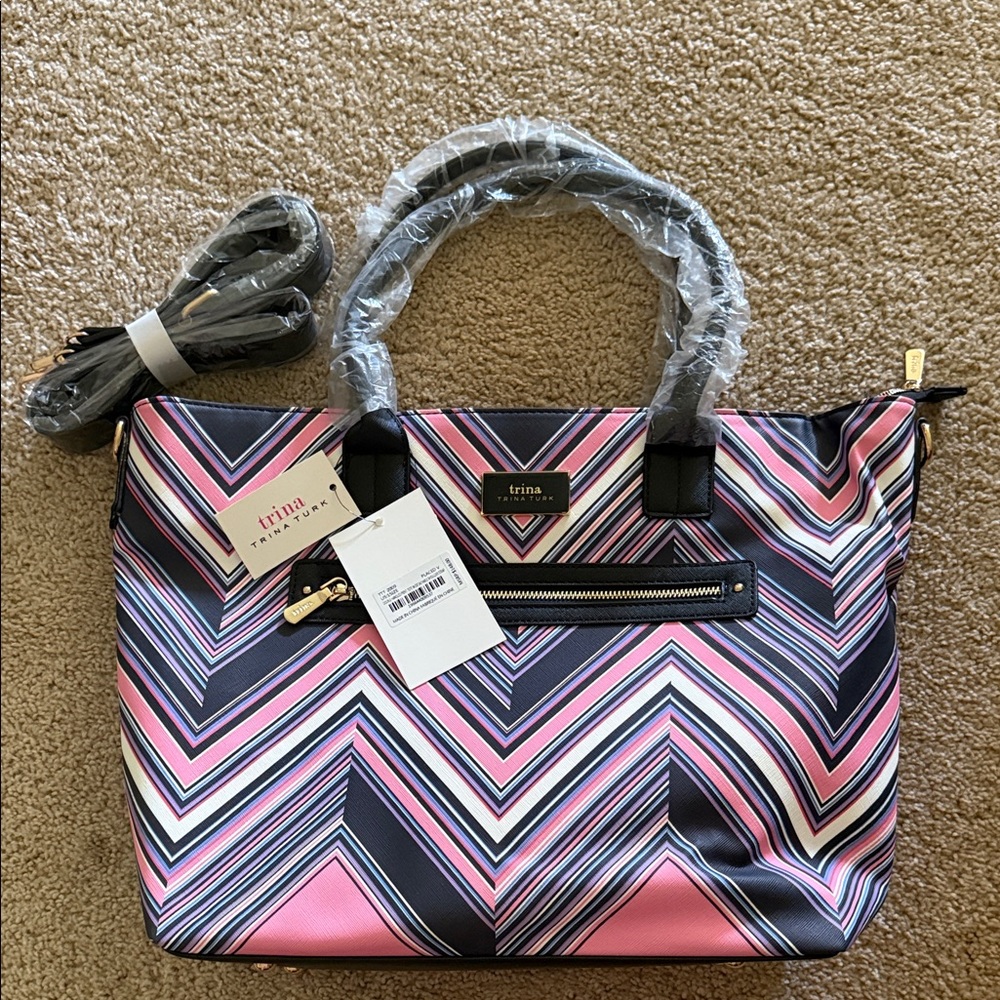 Trina Turk Pink and Black Zigzag Tote